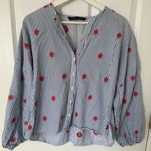 Zara Striped Embroidered Blouse – Size XS